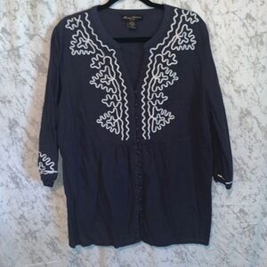 Linen and Rayon Tunic Top Marisa Christina Navy White Accents Womens Size 1X